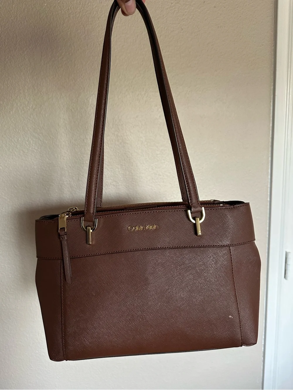 Calvin Klein Chocolate Brown Saffiano Shoulder Bag with Gold Hardware